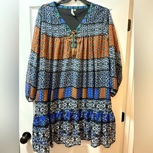 NY Collection Blue and Orange Patterned Dress